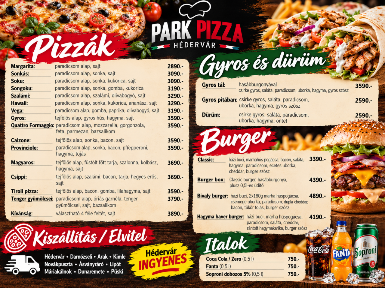 Park Pizza Hédervár étlap